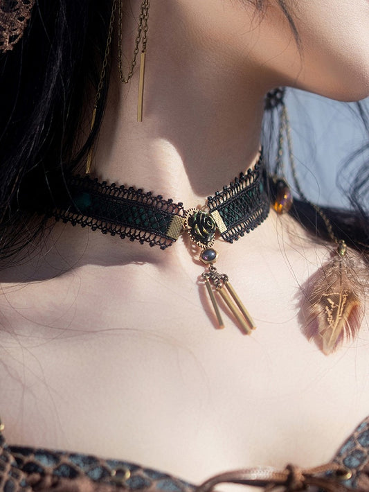 Black with Dark Green Tassels Choker Lace Steampunk