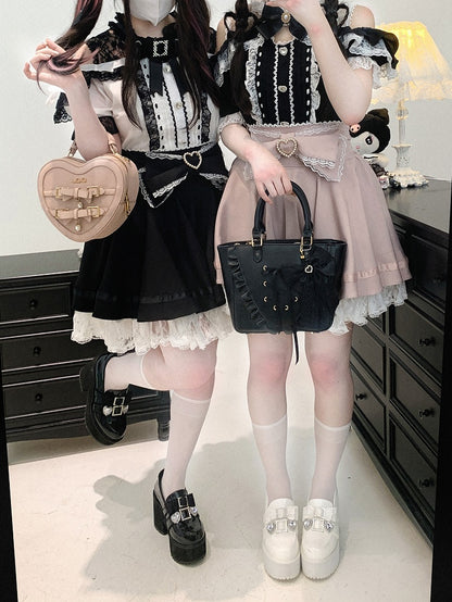 Jirai Kei Lace Bow Big Back Skirt Black/Light Trim Beaded Heart Decorated Blue Lace-up