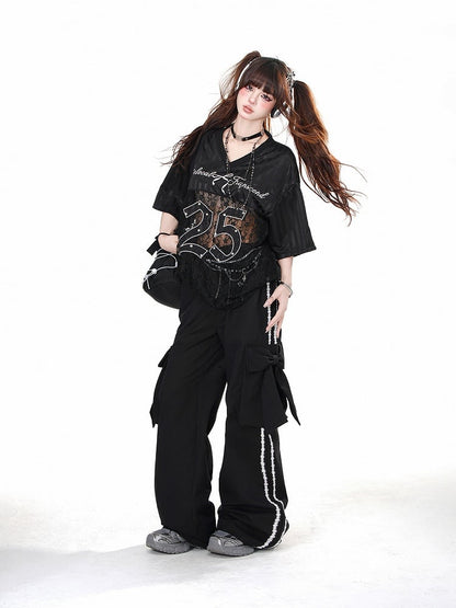 Black Wide-leg Pants with Big Bow Cargo Pockets