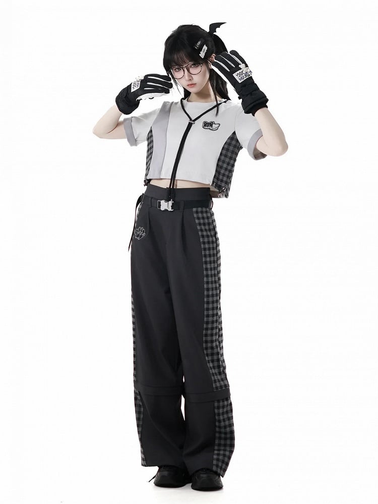 Wear Ways Zip Cuffs Techwear Two Pants/Shorts Black Plaid with Snap Belt