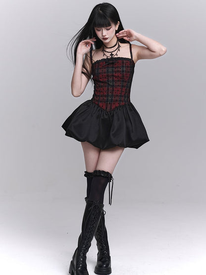Red Plaid Basque Waist Mini Cami Dress Bubble Skirt