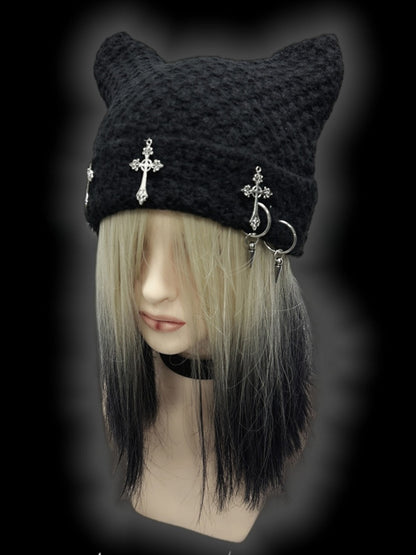 Y2K Black Cross Charms Studs Punk Cat Ears Beanie
