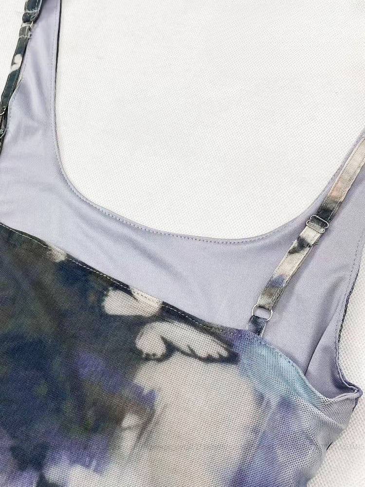 Robe moulante vintage Y2K à imprimé papillon bleu et peinture à l'huile