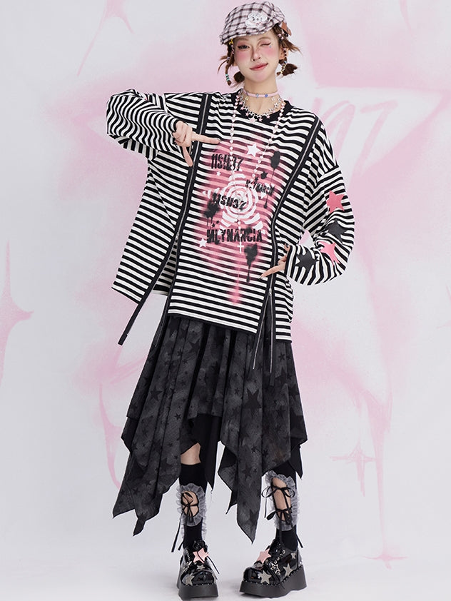 Black and White Y2K Star Graffiti  Zip Striped Loose Sweatshirt
