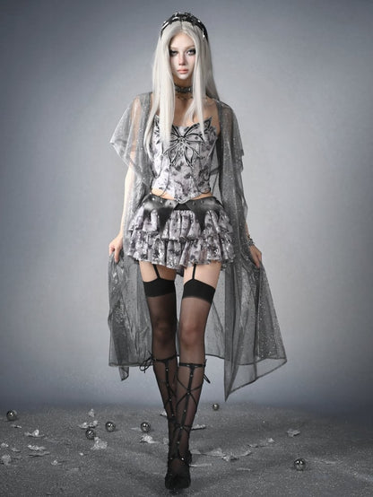 Fashion Waistband Skirt Low Y3K Waist Bat Wing Detail Sequins Tiered Cyberpunk Futuristic Silver Gray