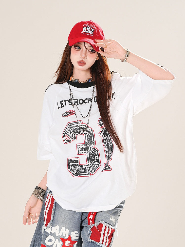 White Blokette Core Print Loose T-Shirt Number