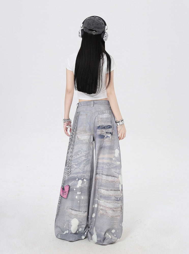 Grey Low Holes Waist Distressed Chains 3D Print Wide-Leg Casual Pants and