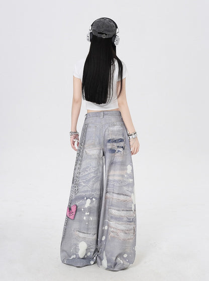 Grey Low Holes Waist Distressed Chains 3D Print Wide-Leg Casual Pants and