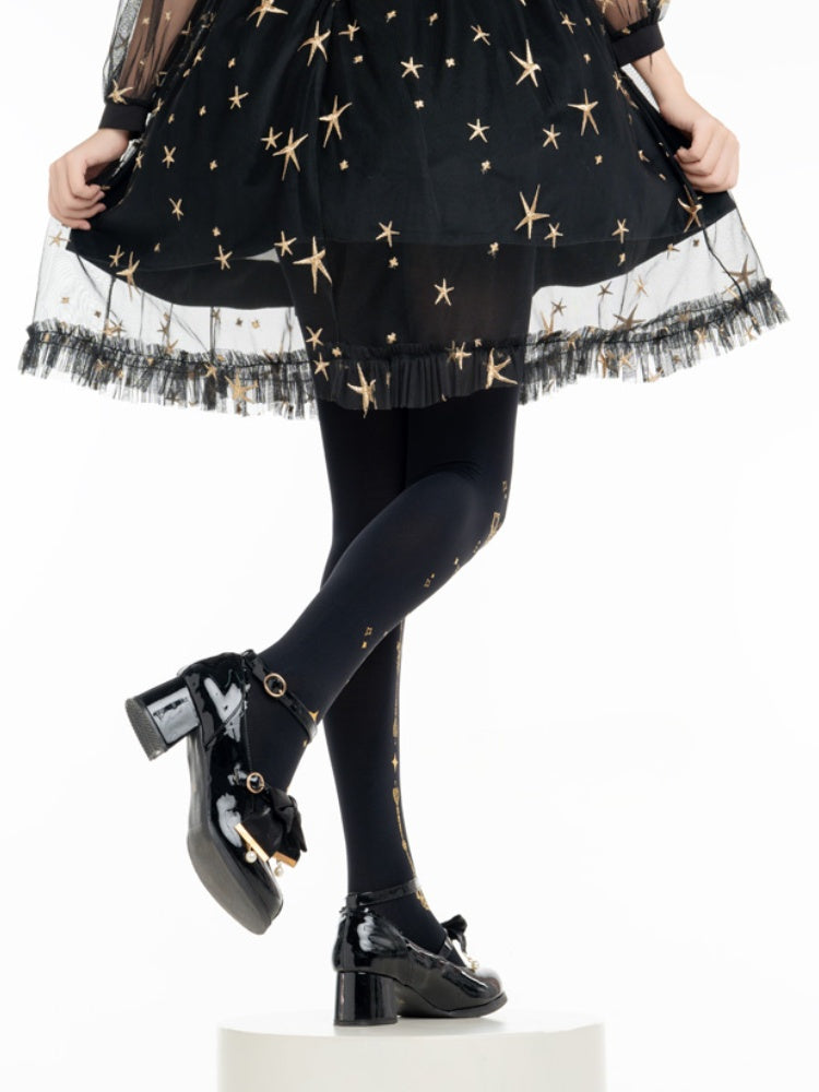 Gothic Lolita Gold Cross Print Black Tights