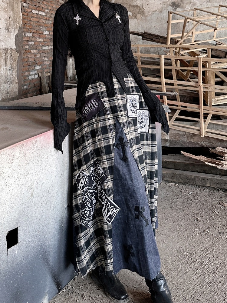Wasteland Cross Appliques Plaid Patchwork Design Skirt Punk