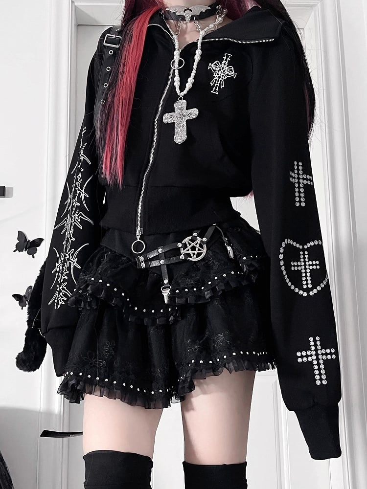 Cross And Bittersweet Kapuzenjacke mit Ohren und schwarzem Katzenherz-Design