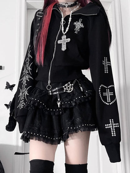 Cross And Bittersweet Kapuzenjacke mit Ohren und schwarzem Katzenherz-Design