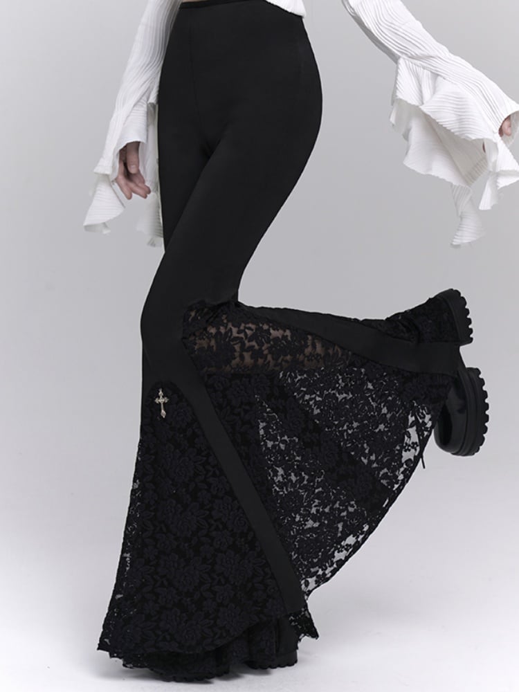 Gothic Black Cross Lace Flared Pants