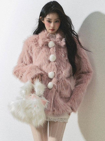 Faux Fur Coat Pompom Button Design