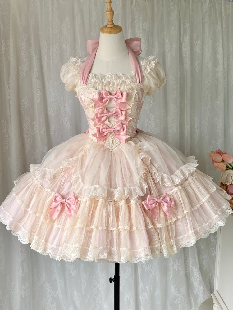 Pink Corset Waist Balletcore Princess Halter Neck Lolita Dress