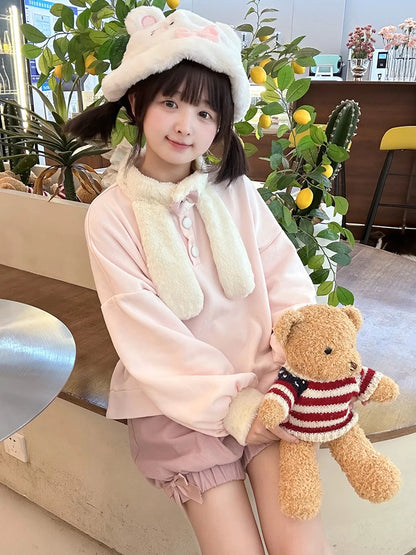 Pink Cute Bunny Ears Plush Collar Sweatshirt