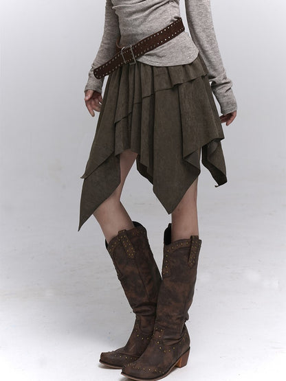 Brown Hem Millard Suede Wasteland Skirt Handkerchief A-Line Fashion Punk