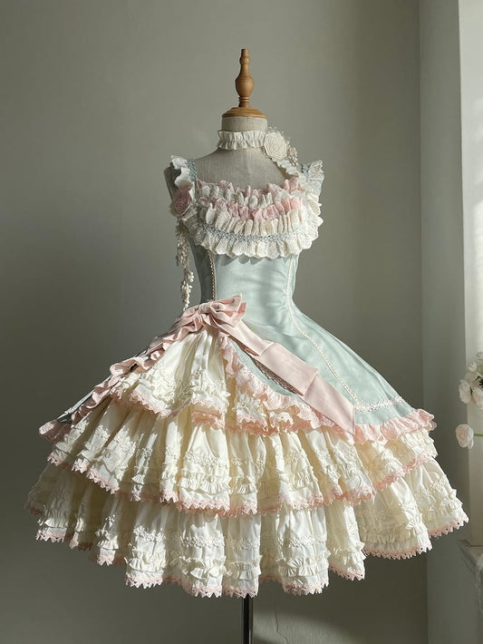 Skirt Waist Pink Jumper Slim Lolita and Fit Tiered Green Elegant