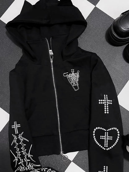 Cross And Bittersweet Kapuzenjacke mit Ohren und schwarzem Katzenherz-Design