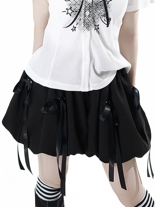 Black Elastic Waist Bubble Skirt with Bowknot Brooches