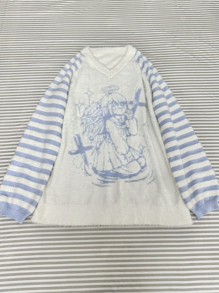 Tenshi Kaiwai Blue and White Angel Graphic V-neck Loose Sweater