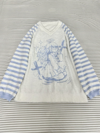 Tenshi Kaiwai Blue and White Angel Graphic V-neck Loose Sweater