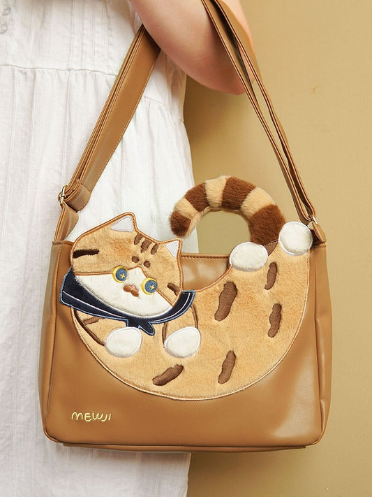 Cute Cat Design Brown Crossbody Bag