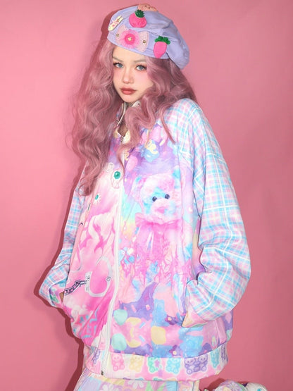 Augenjacke Kawaii Plaid Bär und buntes Muster Guro Print