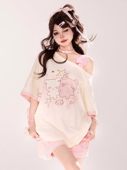 Asymmetrical Neckline T-shirt Cartoon Kitty Print Pink/Blue/Black