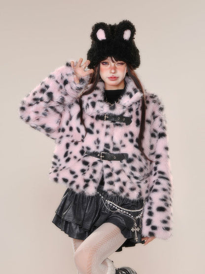 White Pink Leopard Buckle Straps Thick Coat