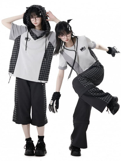 Wear Ways Zip Cuffs Techwear Two Pants/Shorts Black Plaid with Snap Belt