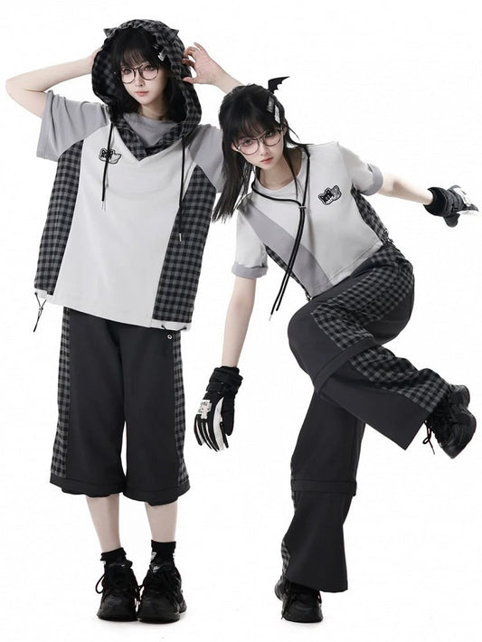 Wear Ways Zip Cuffs Techwear Two Pants/Shorts Black Plaid with Snap Belt