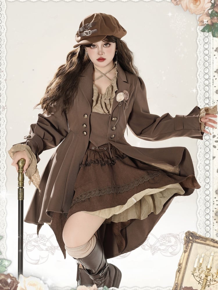 Plus Size Brown High-low Hemline Coat