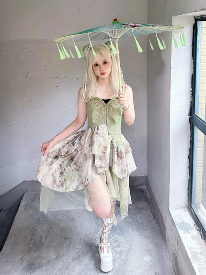 Green Butterfly Bodice Fairycore Handkerchief Hem Dress