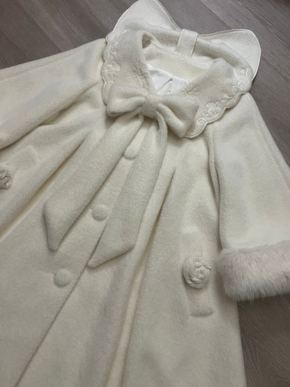 White Detachable Cozy Faux Fur Collar Winter Woolen Coat