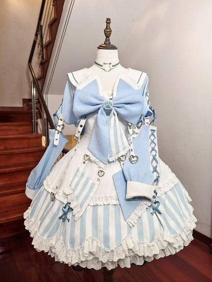 Kitty Light Bow Kaiwai Set Blue JSK Dress Cropped Tenshi Lolita Sailor Striped Big Top Pattern Ears + - Collar