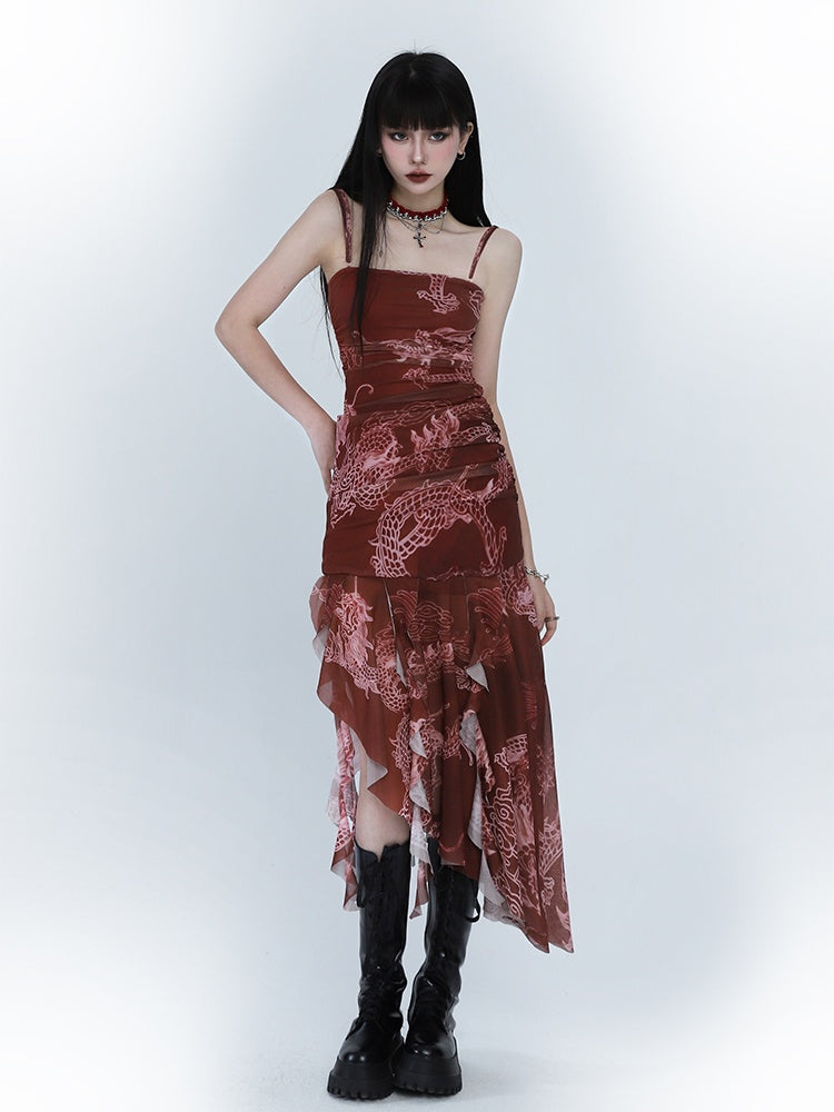 Robe ajustée à ourlet asymétrique et imprimé dragon rouge