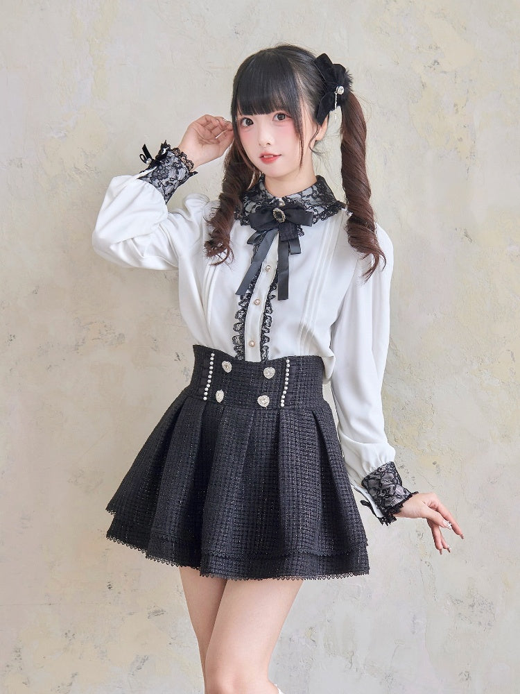 Tweed Waist Black Skirt Jirai Kei Heart Rhinestones High