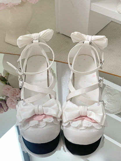 Straps White at Top Design With Crisscross Sweet Heart Bow Buckles Ankle Dual Lolita Shoes Buckle Detachable