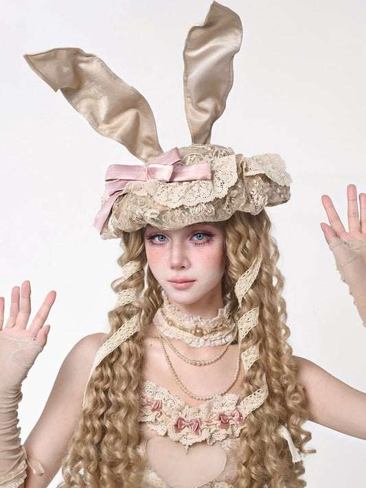 Bow Sweet Cream Hat Ears Vintage Pink Bunny Decorated