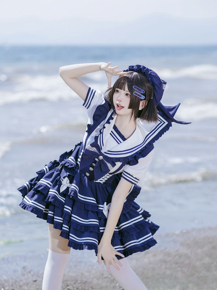 Sweet Lolita Blouse Accent Blue Bow Sailor Collar Navy Ruffled