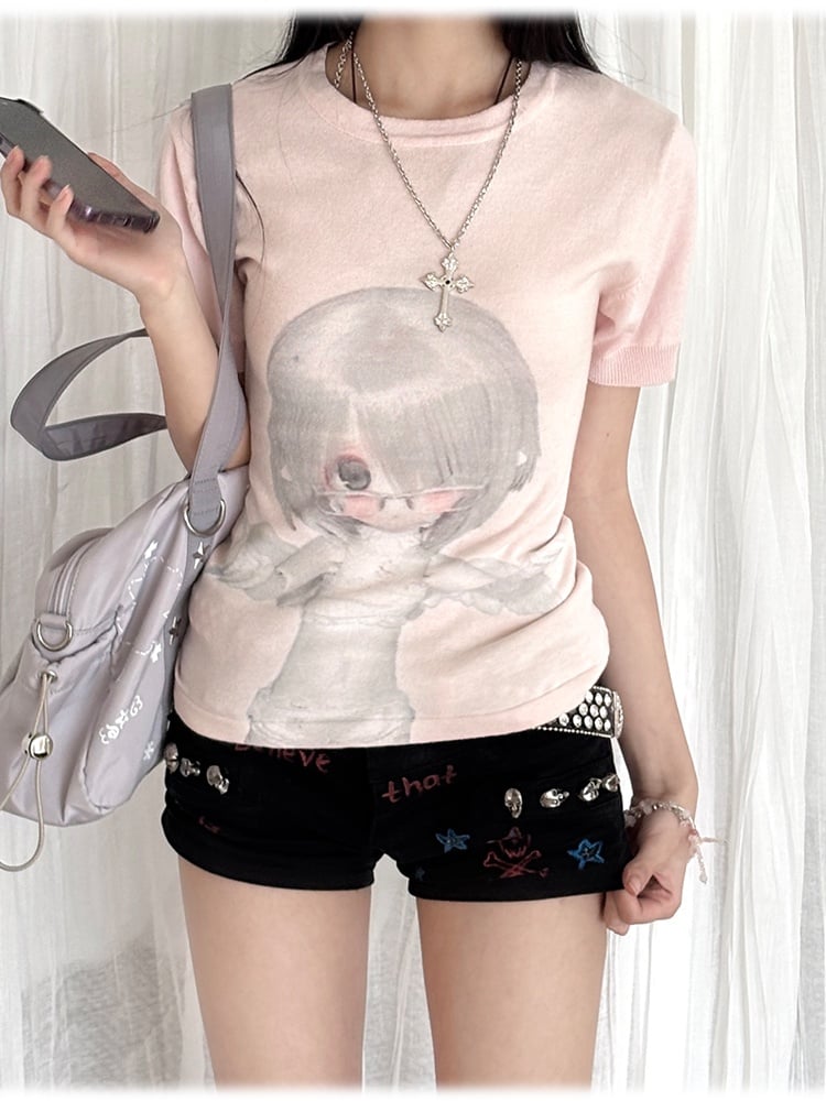 Neck BJD Doll Print Slim-fitting T-Shirt Pink Round