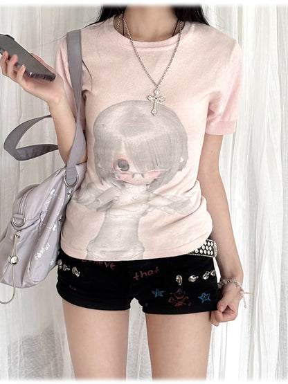 Neck BJD Doll Print Slim-fitting T-Shirt Pink Round