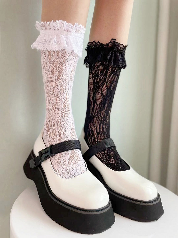Chaussettes Lolita à volants en dentelle blanches/jaunes/noires