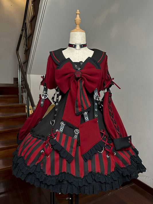 JSK Collar and Ears Red Dress Gothic Sailor Striped Pattern Big + Kitty Bow Top Lolita Black Cropped