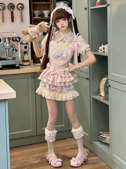 Skirt Lolita + Accents Puff Pink Full Sleeves and Set Cami Sweet - Top Cropped Bow Blue
