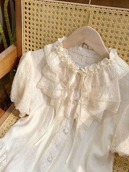 Ärmel Puff Rüschen Bequeme Kurze Atmungsaktive und Ausschnitt Beige Shirt