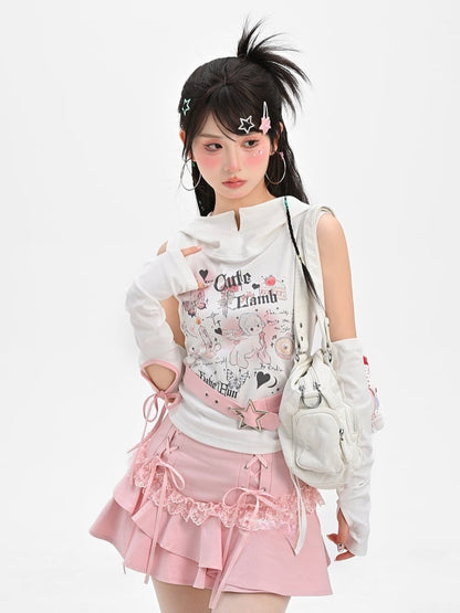 Tiered Skirt with Lace-up Details Pink Y2K Asymmetrical Kawaii Yume