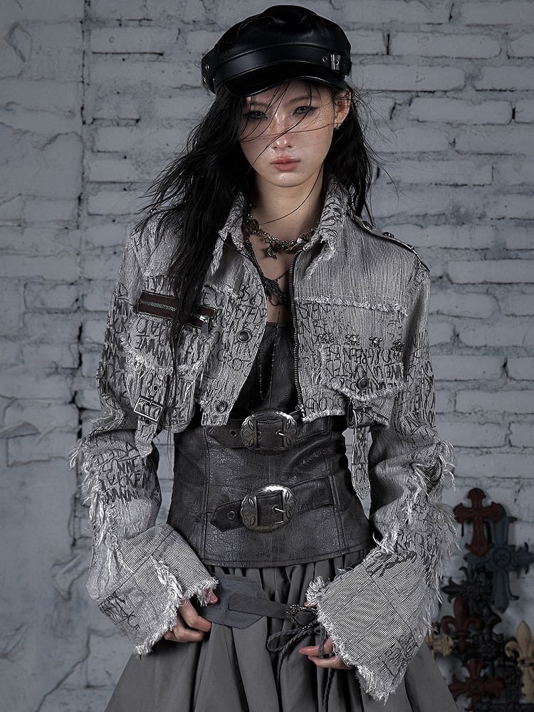 Wasteland Jacket Stripes Skeleton Brown Cropped Decorated Buckle And Pattern Punk