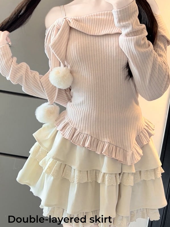 Pull jaune à col rond et plat + cardigan blanc + jupe doublée à trois épaisseurs
